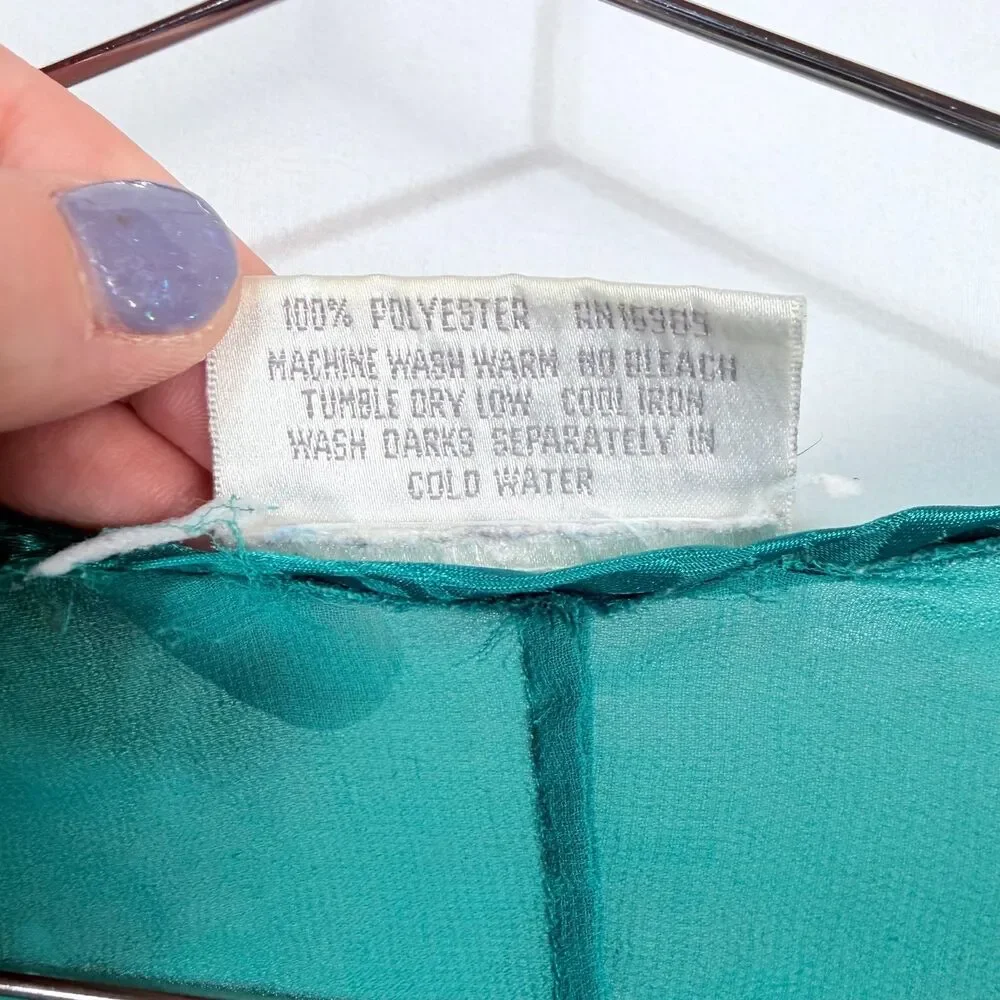 Vintage Val Mode Satin Nightshirt Nightgown Teal Green Button Down Sheer Sz 1X